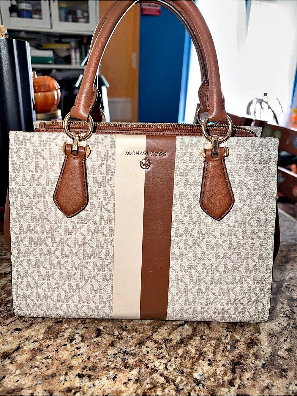 Michael Kors Marilyn Medium Signature Logo Stripe Satchel Brown & Cream